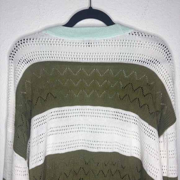Talbots Green and White Mint Open Knit Cardigan Tipped Pointelle Size 1X - Picture 5 of 7